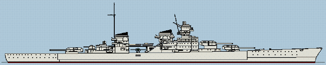 256 meters long and 35000 tons. 6/15 inch guns in three double turrets. 6/5.9 (or) 8 inch guns in three double turrets, one fore of the aft main battery and two on port and starboard amidship.